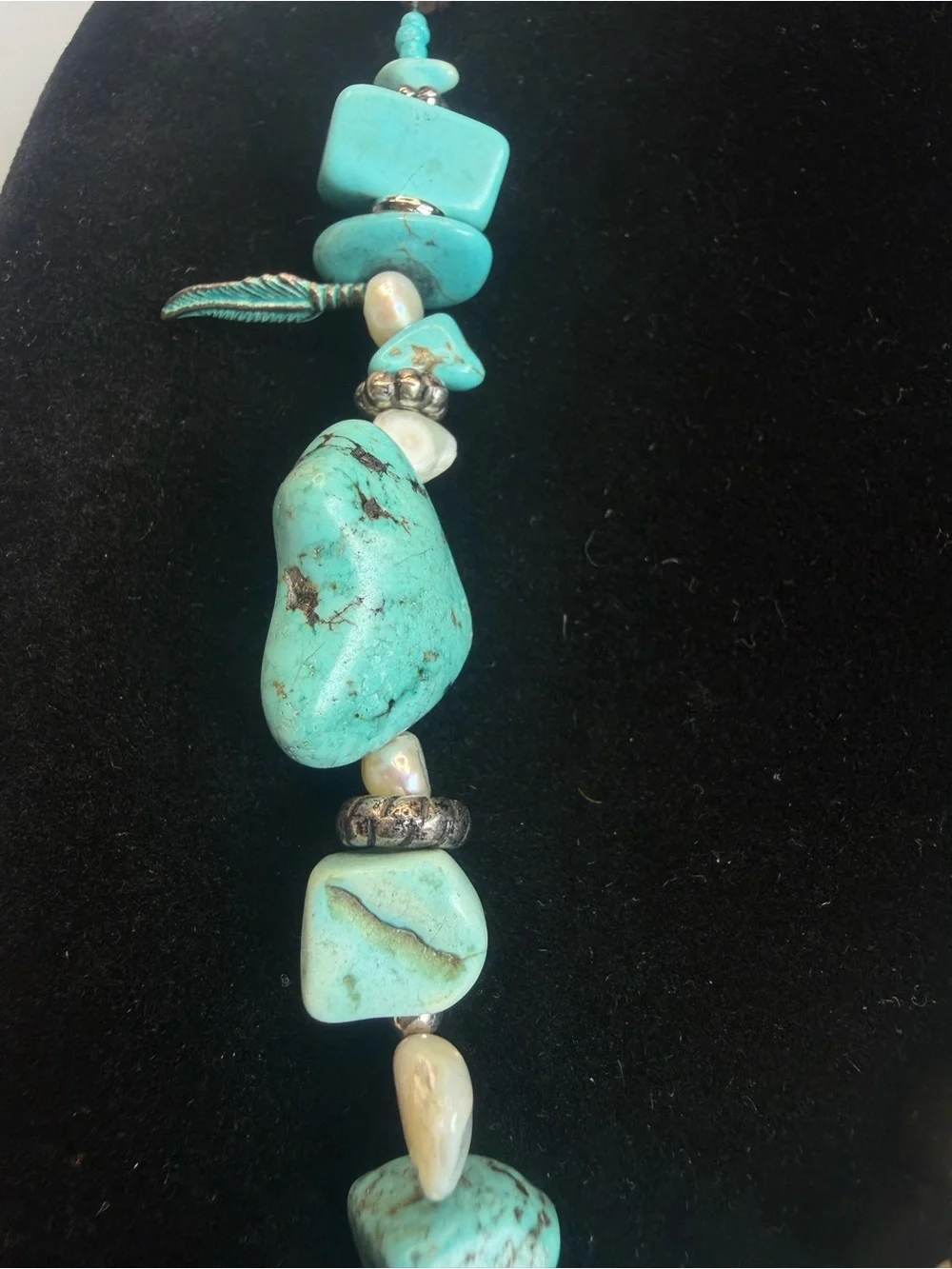 Laura Ashley Turquoise Pendant, Pearls & Metal Feathers Statement Necklace